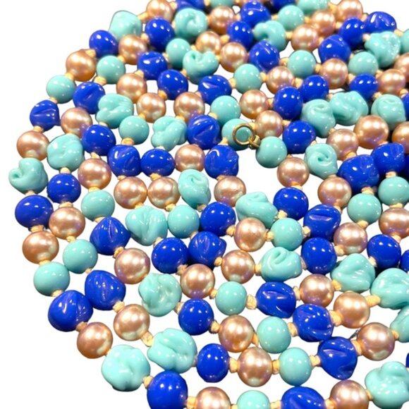 Antique Handmade CZECH Glass blue fancy bead & pearl necklace 48” LoNG - Picture 12 of 12